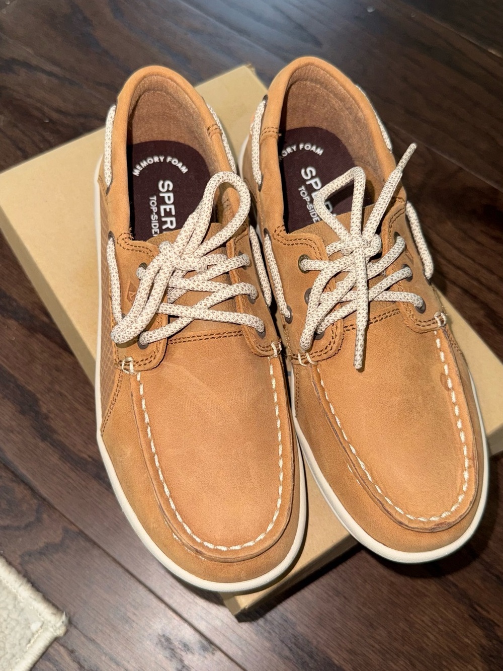 Sperry Kids Tan Leather Moccasin Boat Shoes with Cream Laces